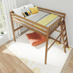 Loft bed with wooden frame, yellow and white bedding, and adjacent seating chair in a cozy, sunlit bedroom.