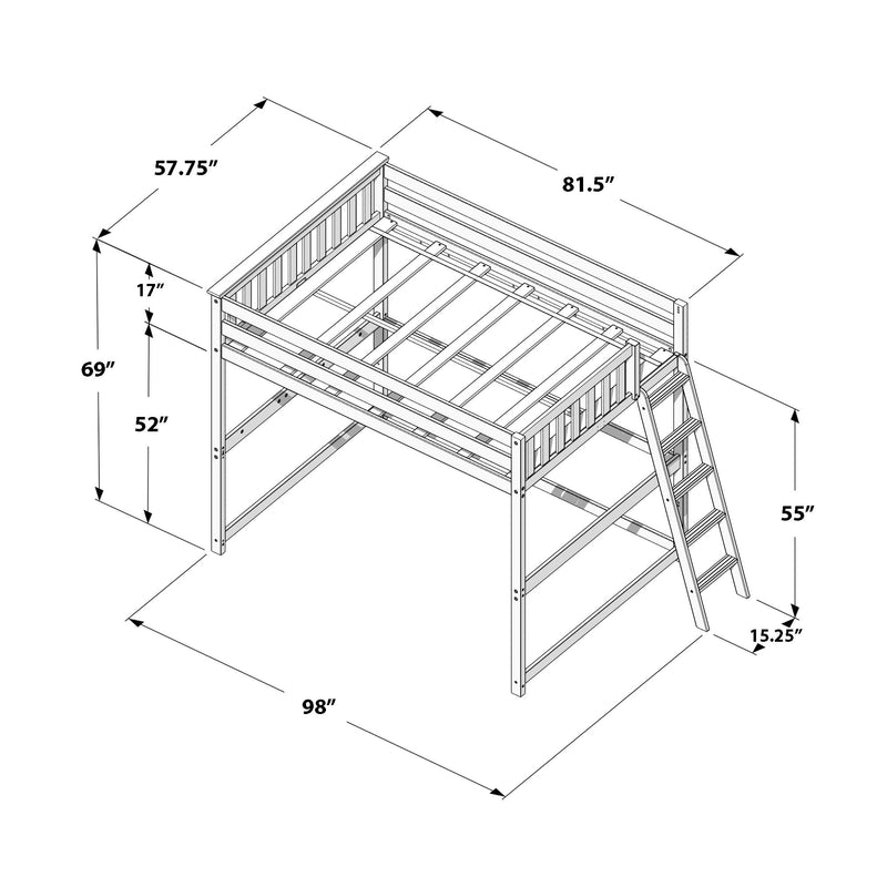 Twin loft bed frame assembly diagram with ladder, guardrails, slatted mattress support and labeled dimensions for a space-saving bunk bed