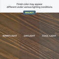 Walnut wood flooring sample showing finish color variations under warm light, daylight and cool light, with note that finish color may appear different under various lighting conditions
