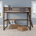 Wooden loft bed with ladder, blue and white bedding and pillows above a wicker lounge chair with blue leaf pillow in a coastal-inspired bedroom