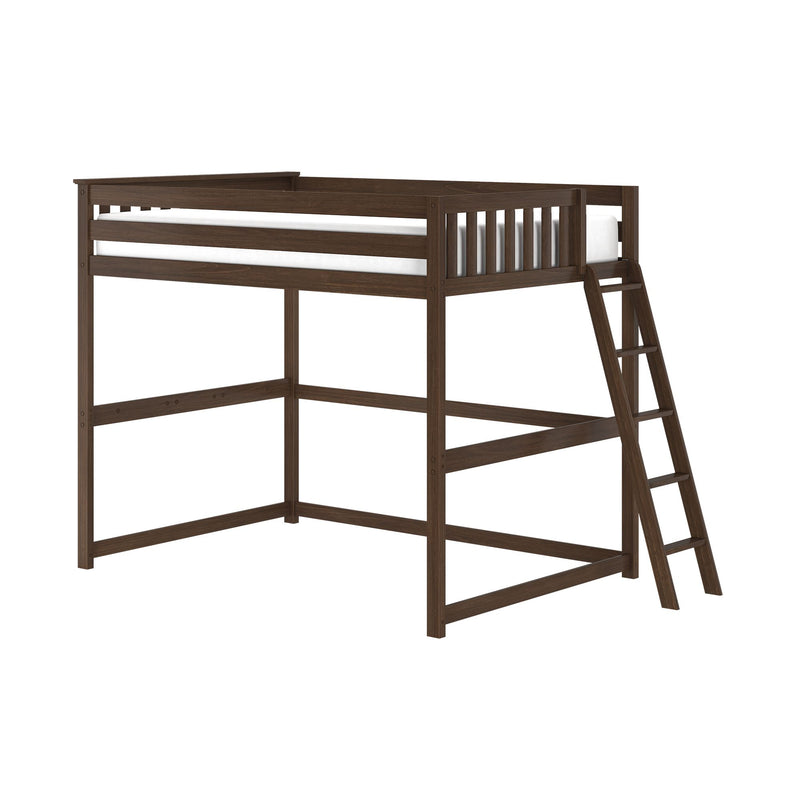 Dark brown wooden twin loft bed with ladder and slatted safety rail, space-saving elevated bed frame with mattress for kids or teens