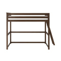 Walnut twin loft bed with ladder and slatted guardrails, white mattress on sturdy space-saving wooden frame for kids' bedroom