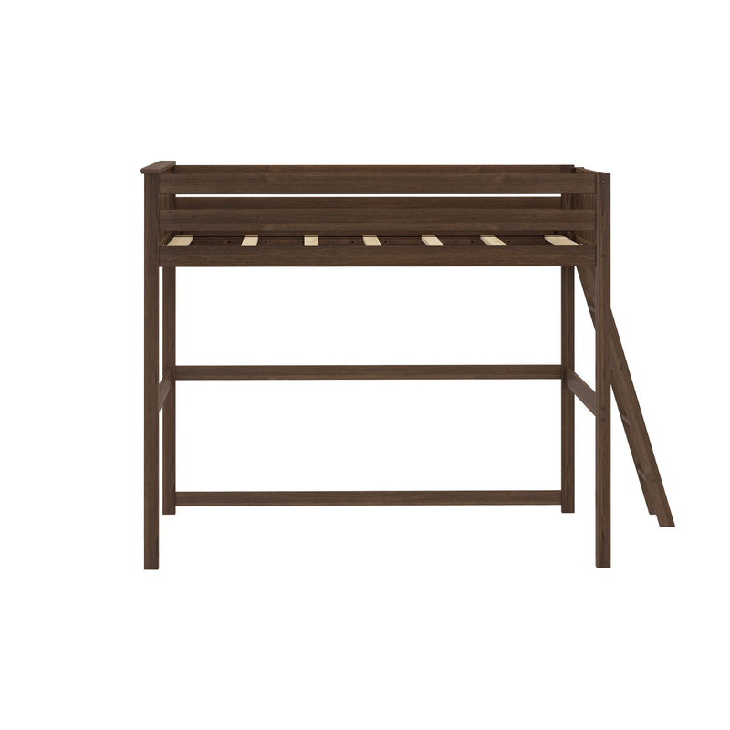 Wooden loft bed frame with ladder, perfect for space-saving in small bedrooms.