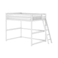 White wooden loft bed with ladder and safety rails, twin elevated bunk frame for kids room, space‑saving modern minimalist design