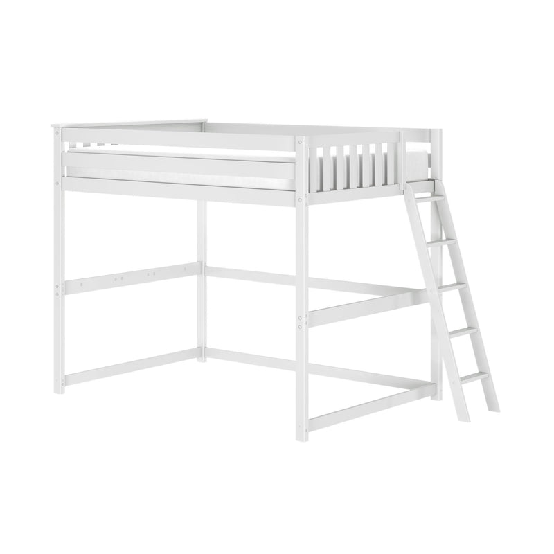 White wooden loft bed with ladder and safety rails, twin elevated bunk frame for kids room, space‑saving modern minimalist design