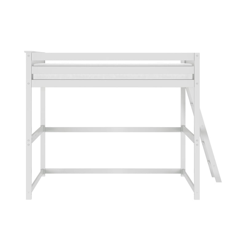 White wooden loft bed frame with ladder and safety guardrail, modern space-saving twin loft bed for kids' bedroom