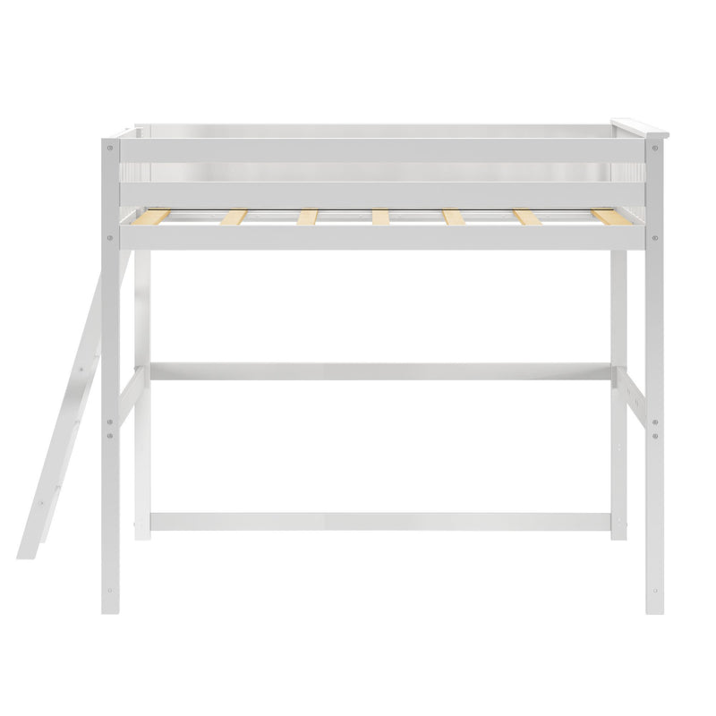 Modern white metal loft bed frame with built-in ladder, ideal space-saving solution for small bedrooms.
