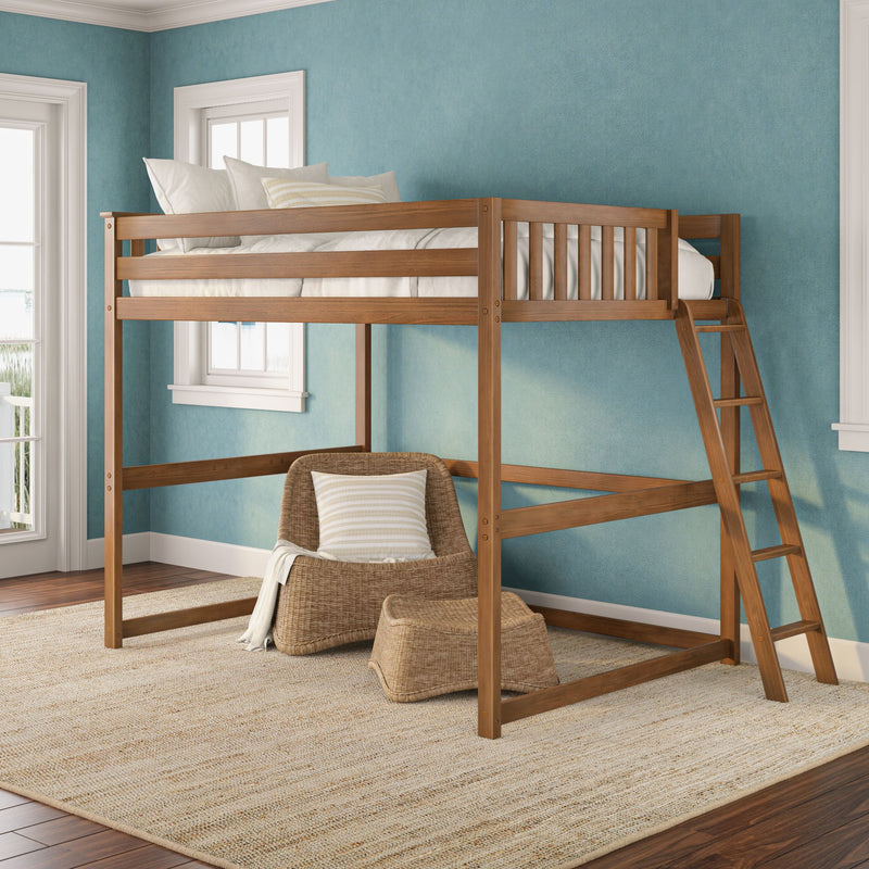 Wooden loft bed with ladder in coastal-style bedroom: twin loft bed with white bedding, blue textured walls, wicker chair and natural jute rug by sunlit windows