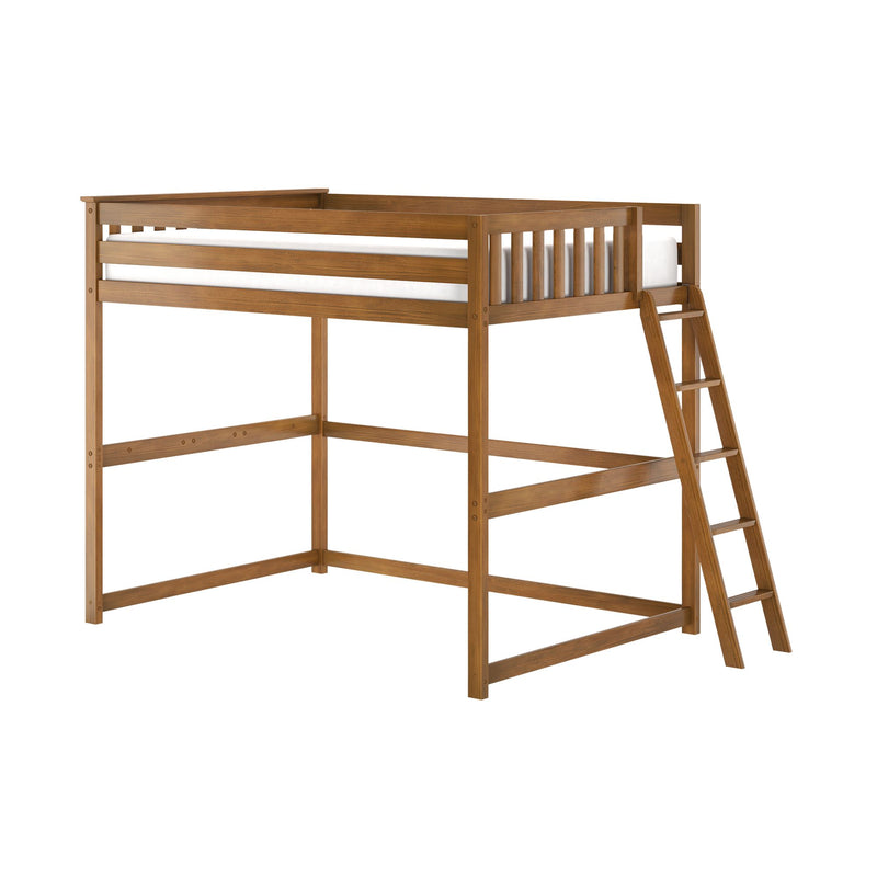 Natural oak loft bed frame with ladder and slatted guardrail, elevated twin mattress and open storage space underneath for small bedrooms