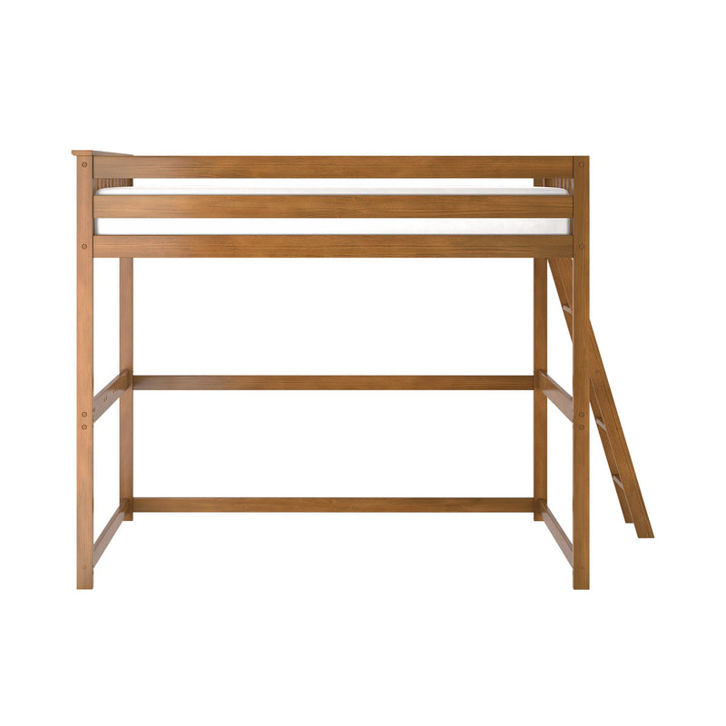 Natural wood loft bed frame with ladder and safety guardrail, white mattress edge visible — space-saving bedroom solution