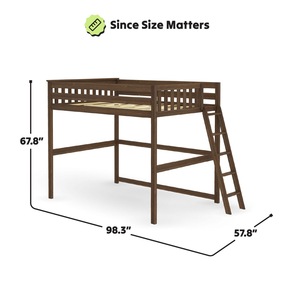 Loft bed with ladder, dimensions 67.8" height, 98.3" length, 57.8" width, wooden frame for spacious bedroom furniture.