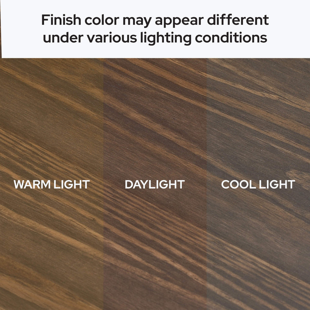 Comparison of wood finish colors under warm, daylight, and cool lighting conditions.