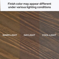 Comparison of wood finish colors under warm, daylight, and cool lighting conditions.