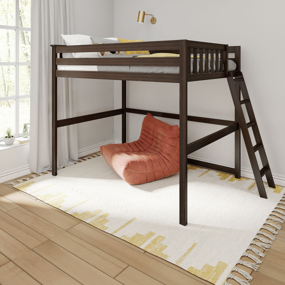 Wooden loft bed with ladder and cozy orange chair underneath in modern bedroom setting.