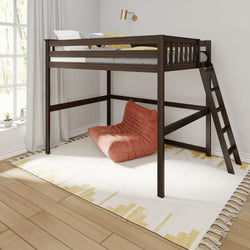 Wooden loft bed with ladder and cozy orange chair underneath in modern bedroom setting.