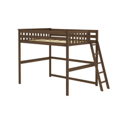 Wooden loft bed with ladder for small spaces and efficient storage solutions.