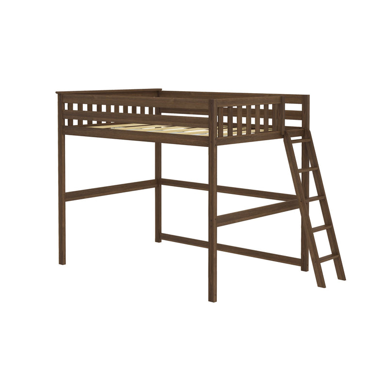 Wooden loft bed with ladder for small spaces and efficient storage solutions.