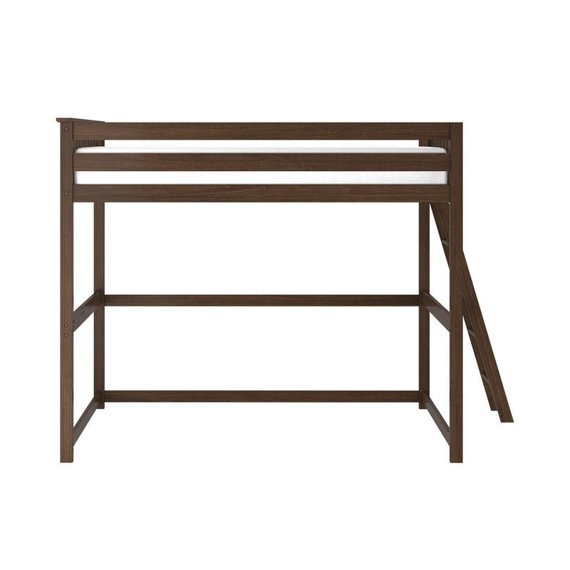 Dark brown wooden twin loft bed with side guardrail and ladder, space-saving elevated bed frame with mattress and open storage or desk area underneath
