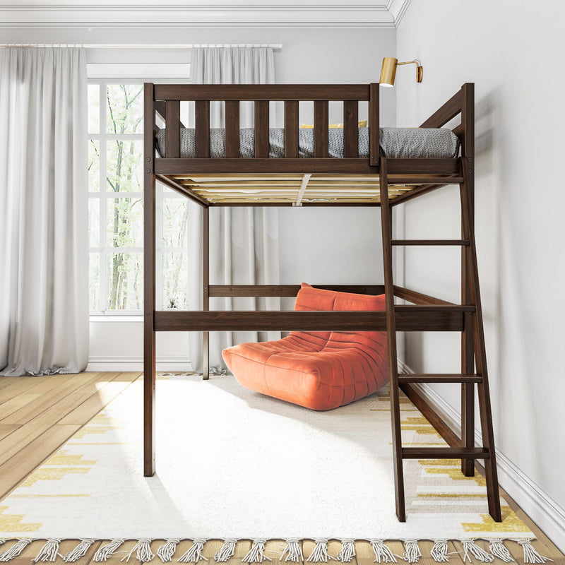 Loft bed with ladder over orange chair in bright modern room with wooden floor and curtains.
