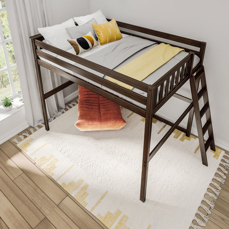 Modern dark wood loft bed with cozy bedding and colorful cushions in bright bedroom.
