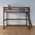 Dark wood loft bed with ladder and blue-white bedding against a light blue wall on hardwood floor — space-saving kids bedroom solution