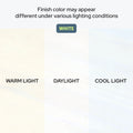 White finish color comparison swatch showing warm light, daylight and cool light variations with note “finish color may appear different under various lighting conditions”