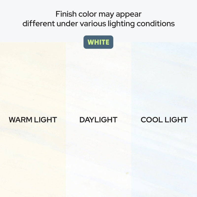 White finish color comparison swatch showing warm light, daylight and cool light variations with note “finish color may appear different under various lighting conditions”