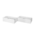Set of two white plastic desk organizers with curved divider edges, stackable storage bins for office supplies and home organization