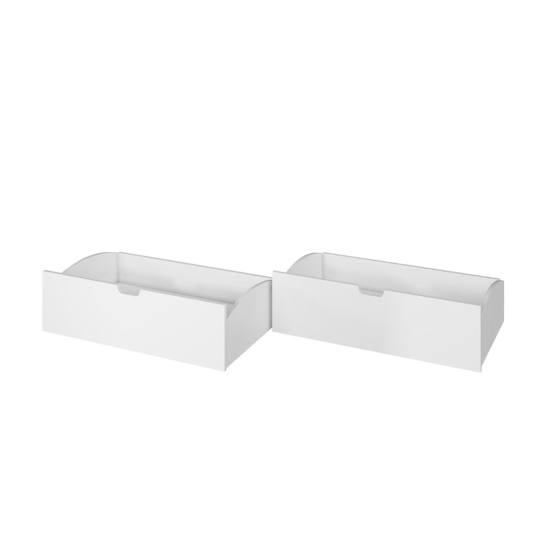 Set of two white plastic desk organizers with curved divider edges, stackable storage bins for office supplies and home organization