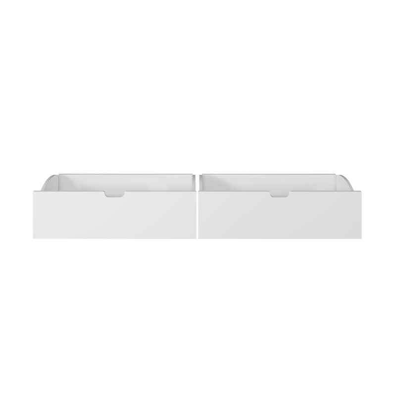 Two white modular plastic storage drawers with front pull notches, side-by-side organizer bins for closet, under‑bed or office storage