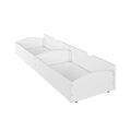 White wooden under-bed storage drawer with divided compartments and caster wheels for bedroom organization
