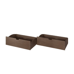 Set of 2 walnut-finish wooden storage drawers with cutout handles, open-top organizer boxes for under-bed or bedroom storage