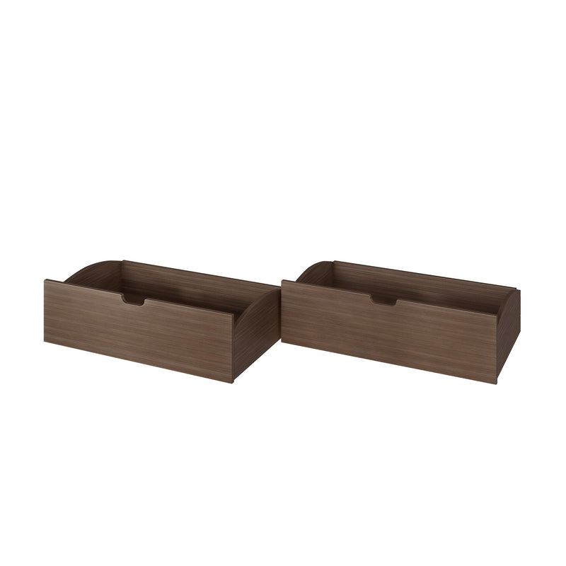 Set of 2 walnut-finish wooden storage drawers with cutout handles, open-top organizer boxes for under-bed or bedroom storage