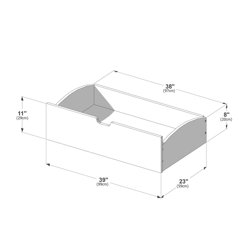 Technical line drawing of a wooden toy storage box with curved end panels and front handle cutout, labeled dimensions 39" (99 cm) length × 23" (59 cm) depth × 11" (29 cm) height.