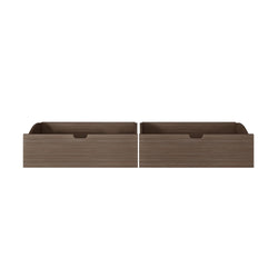 Set of 2 dark brown wood storage drawers with cutout handles for under-bed or bedroom organization, product photo on white background