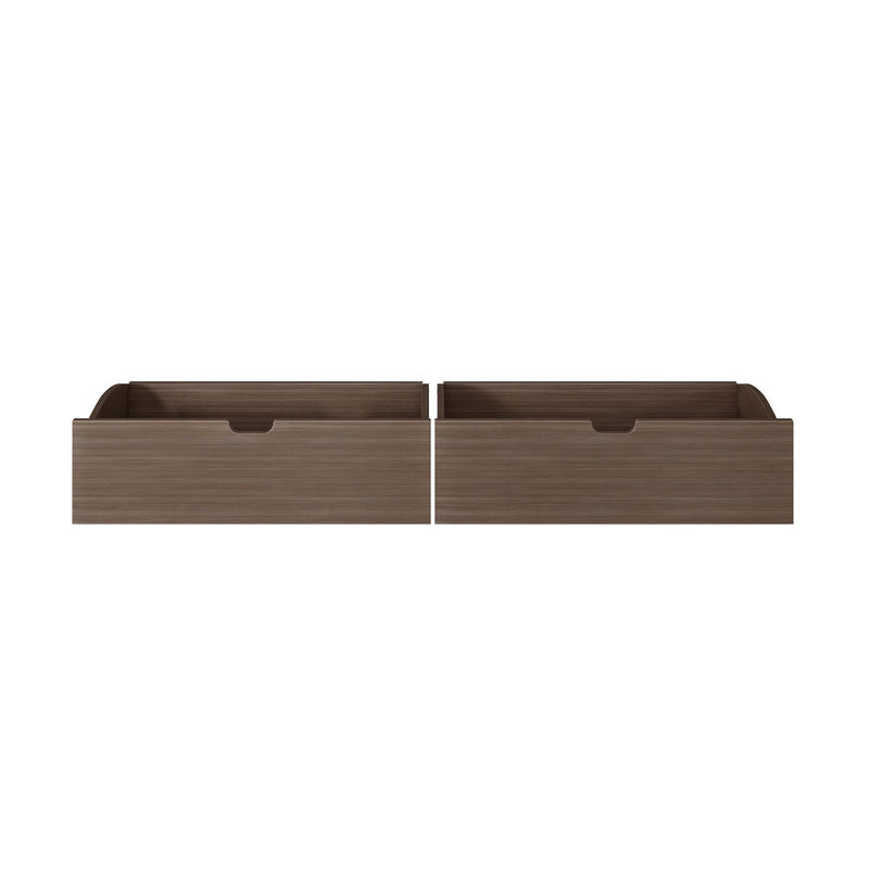 Set of 2 dark brown wood storage drawers with cutout handles for under-bed or bedroom organization, product photo on white background