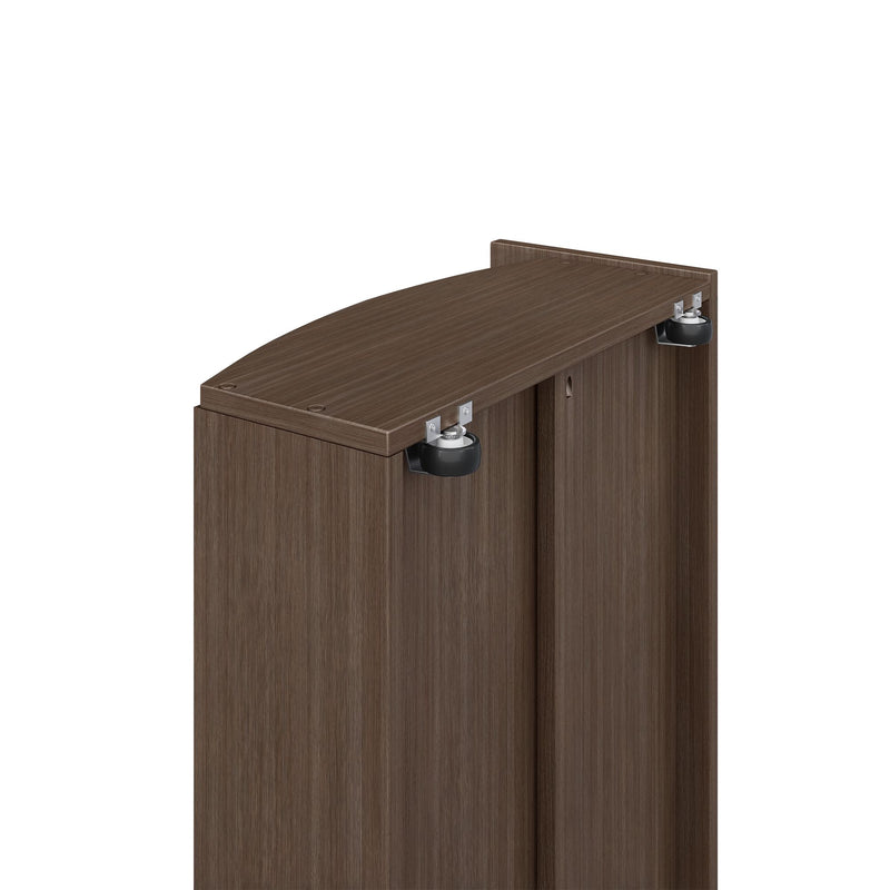 Close-up of dark walnut folding table edge showing wood grain, swivel caster wheels and metal mounting brackets