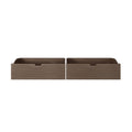 Set of two brown wooden under-bed storage drawers with cutout handles, modern bedroom organizer and furniture storage solution