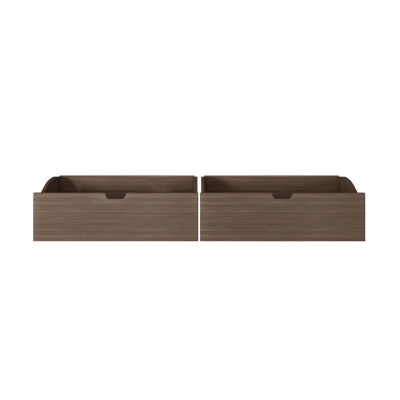 Set of two brown wooden under-bed storage drawers with cutout handles, modern bedroom organizer and furniture storage solution