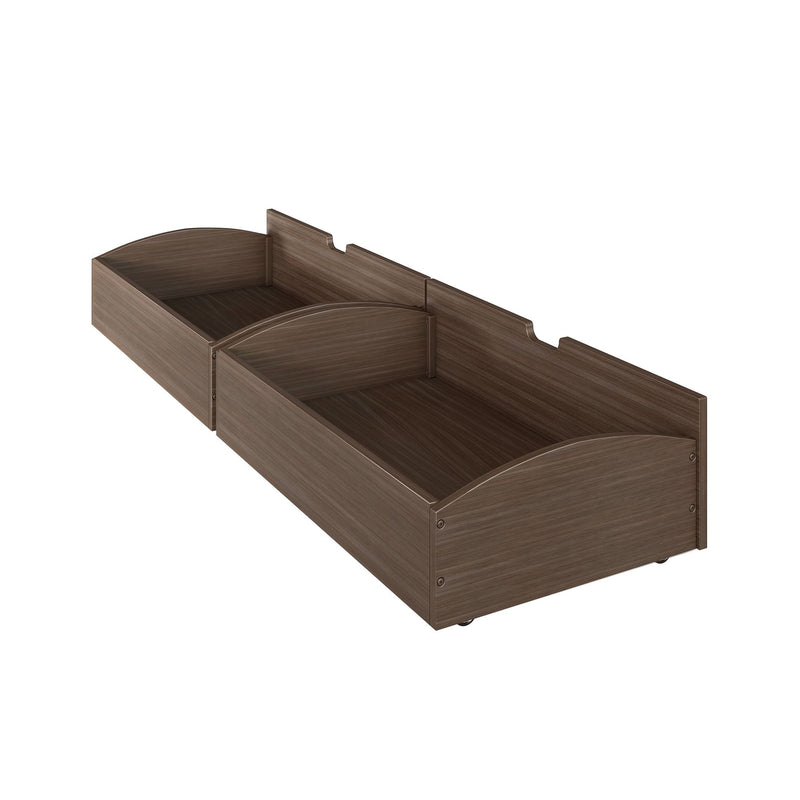 Walnut wood under-bed storage drawers with casters and recessed handles — pull-out bedroom organizers for extra underbed storage