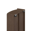 Close-up of brown wood grain cabinet edge with black swivel caster wheels and metal mounting brackets for rolling furniture