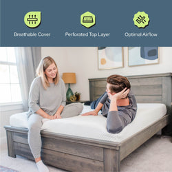 Couple relaxing on a bed with breathable cover and perforated top layer for optimal airflow, enhancing comfort and sleep quality.