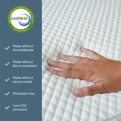 CertiPUR-US certified foam with hand on mattress, formaldehyde-free, flame retardant-free, heavy metal-free, phthalate-free, low VOC emissions.