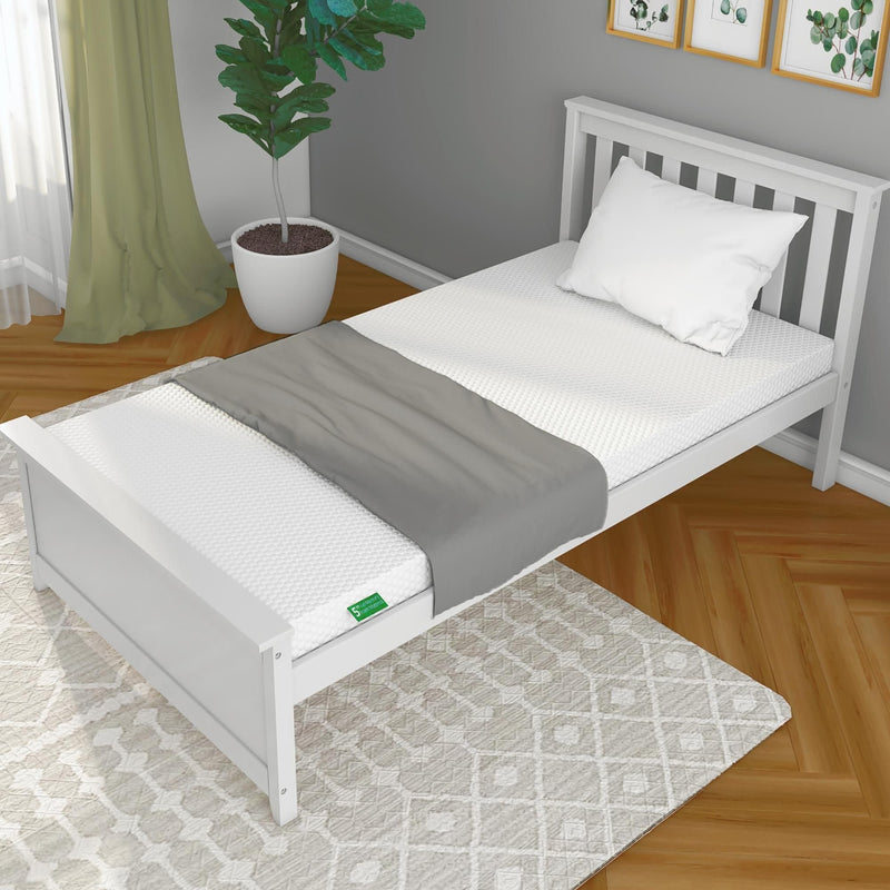 White twin bed with mattress, pillow, and gray blanket in modern bedroom setting with hardwood floor and green plant.