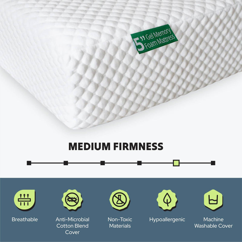 5-inch gel memory foam mattress with medium firmness featuring a breathable, anti-microbial cotton blend cover, non-toxic materials, hypoallergenic design, and machine washable cover.
