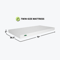 Twin-size mattress with dimensions 75 inches long, 38.5 inches wide, and 5 inches thick.
