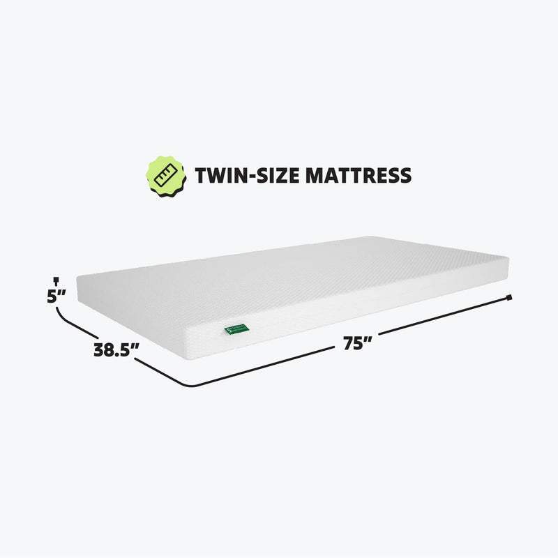 Twin-size mattress with dimensions 75 inches long, 38.5 inches wide, and 5 inches thick.