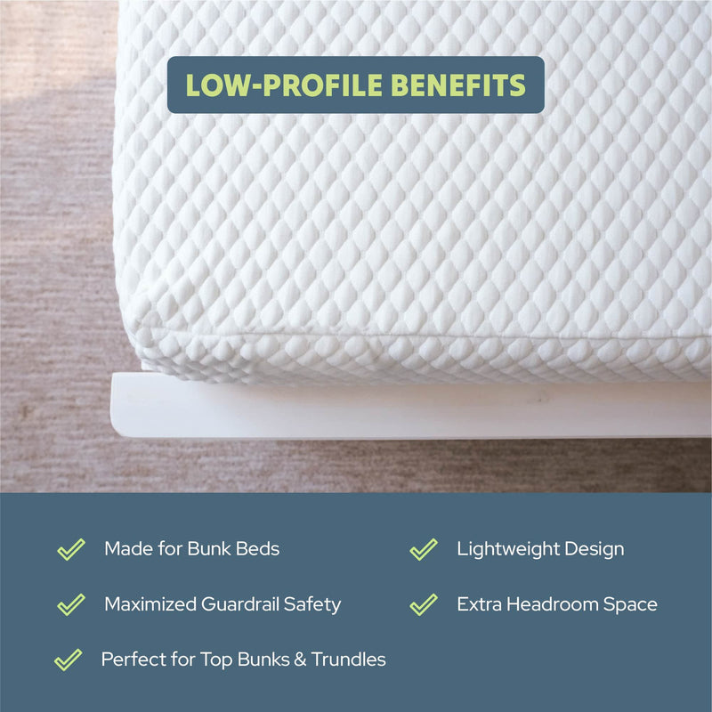 Low-profile mattress benefits for bunk beds, highlighting safety features and space-saving design.