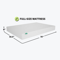Full-size mattress dimensions illustration measuring 75 x 53.5 x 8 inches.
