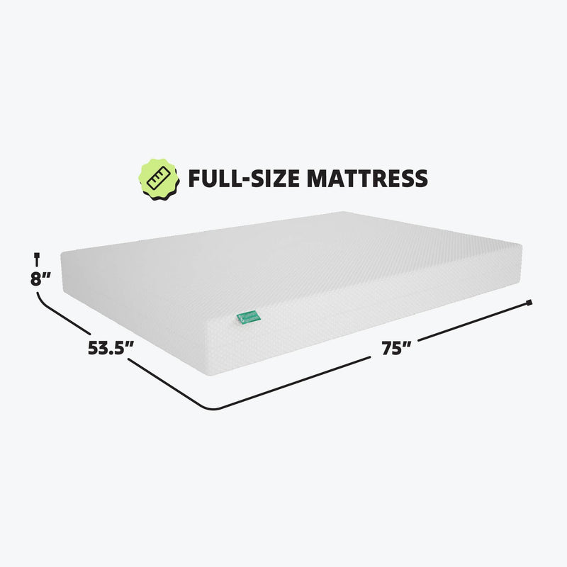 Full-size mattress dimensions illustration measuring 75 x 53.5 x 8 inches.